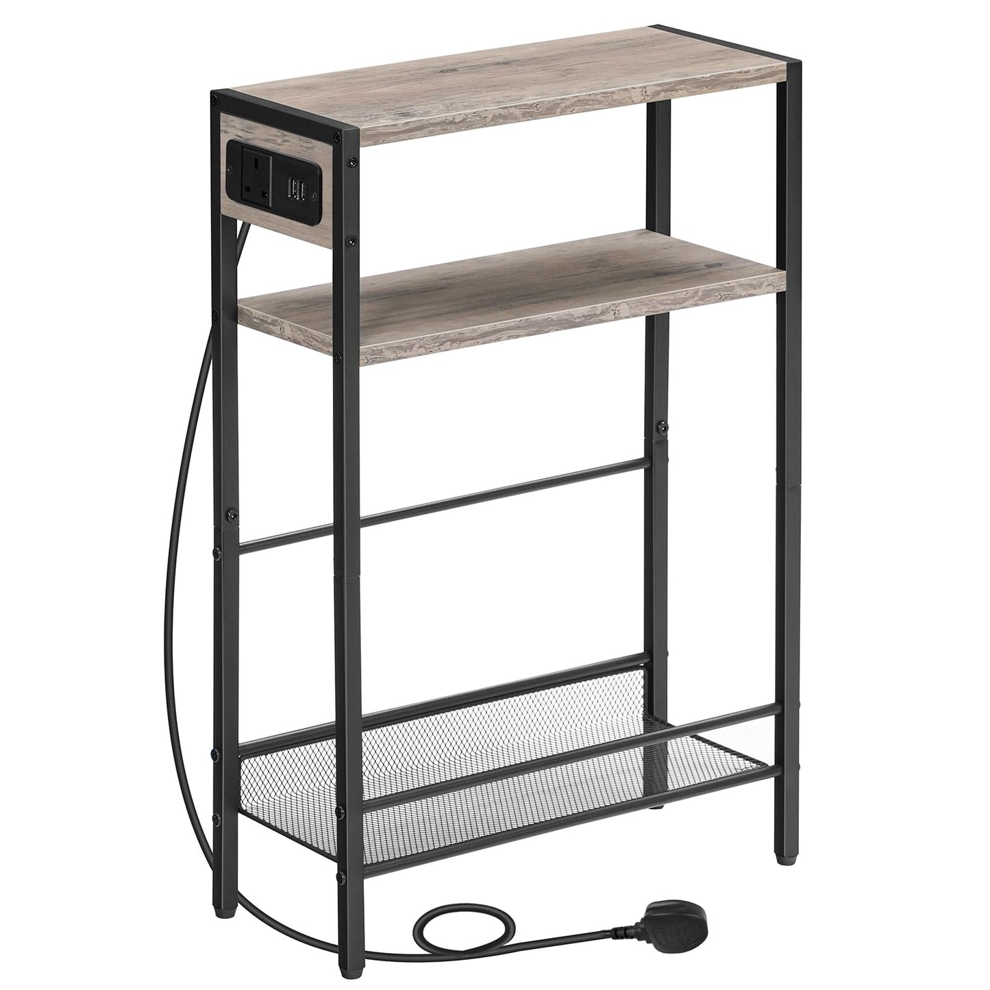 HOOBRO Slim Side Table with Charging Station, Narrow Side Table with USB Ports and Power Outlet, 42 x 18 x 65 cm, 3-Tier End Table for Small Space,