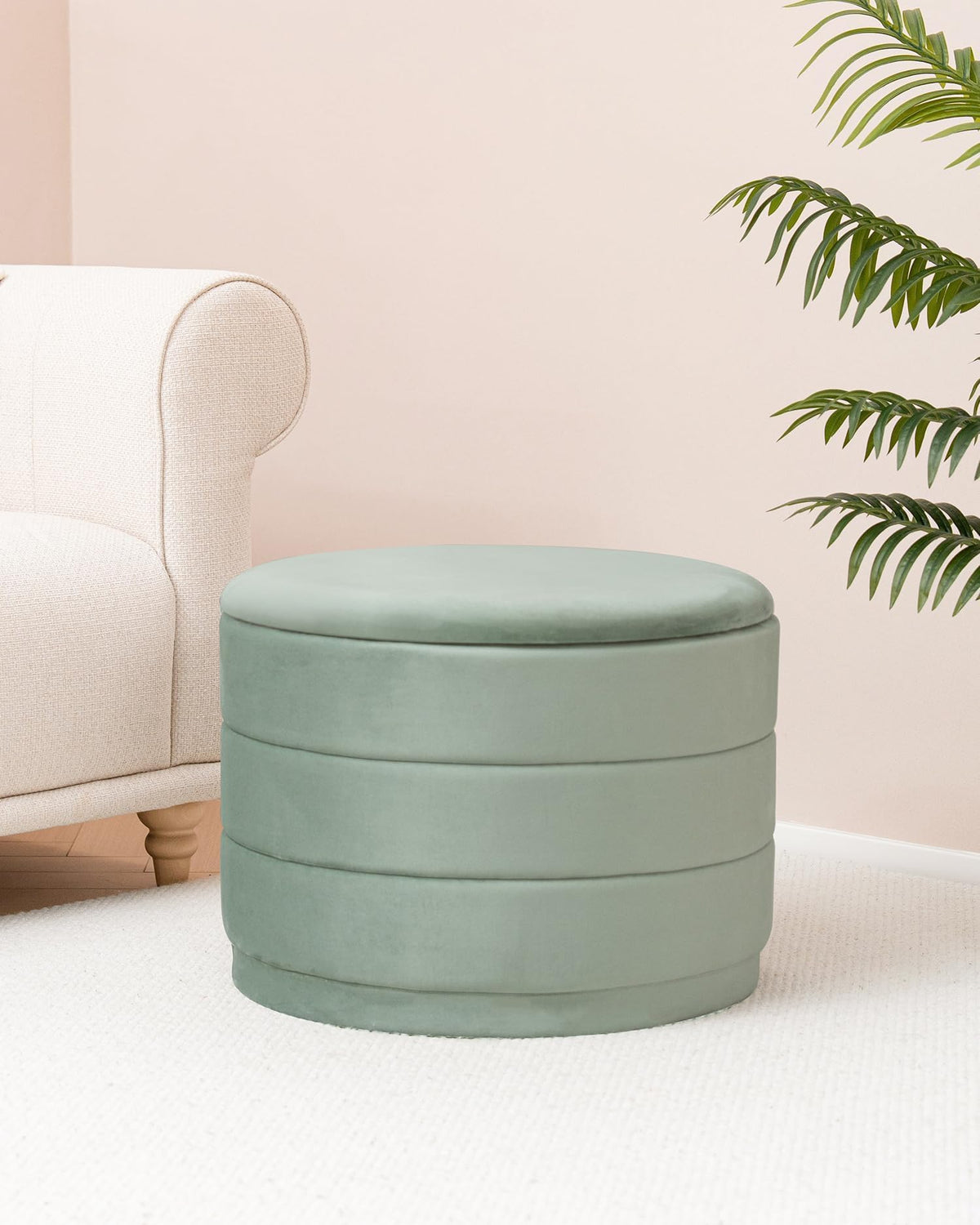 Bonlife Large Storage Ottoman Round - Folding Foot Rest with Hidden Storage, Sage Velvet 58x58x44cm for Living Room, Bedroom & Hallway