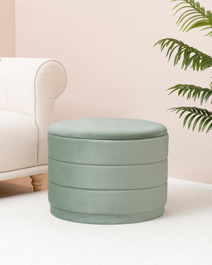 Bonlife Large Storage Ottoman Round - Folding Foot Rest with Hidden Storage, Sage Velvet 58x58x44cm for Living Room, Bedroom & Hallway