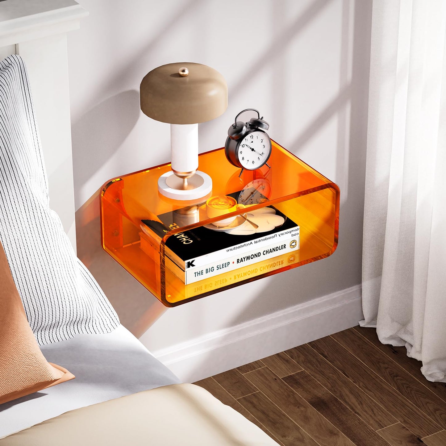 Dewrhiixe Acrylic Floating Bedside Table, Wall Mounted Nightstand Bedside Shelf (Orange, 41×24×17 cm)