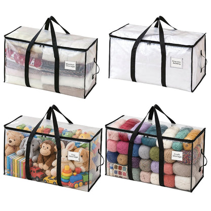 4 Pack Large Moving Boxes Storage Bags,90L Clear Storage Bags with Zips and Lids,Transparent Clothes Storage Boxes,Large Moving Bags for College Dorm