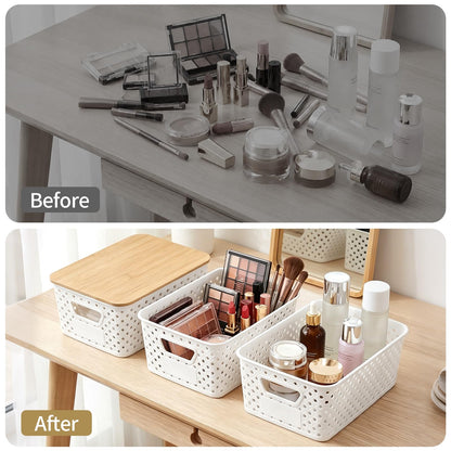 Yekolau 6 Pack Storage Bins for Shelves, Plastic Storage Containers with Bamboo Lids for Organizing, Stackable Storage Boxes with Handle