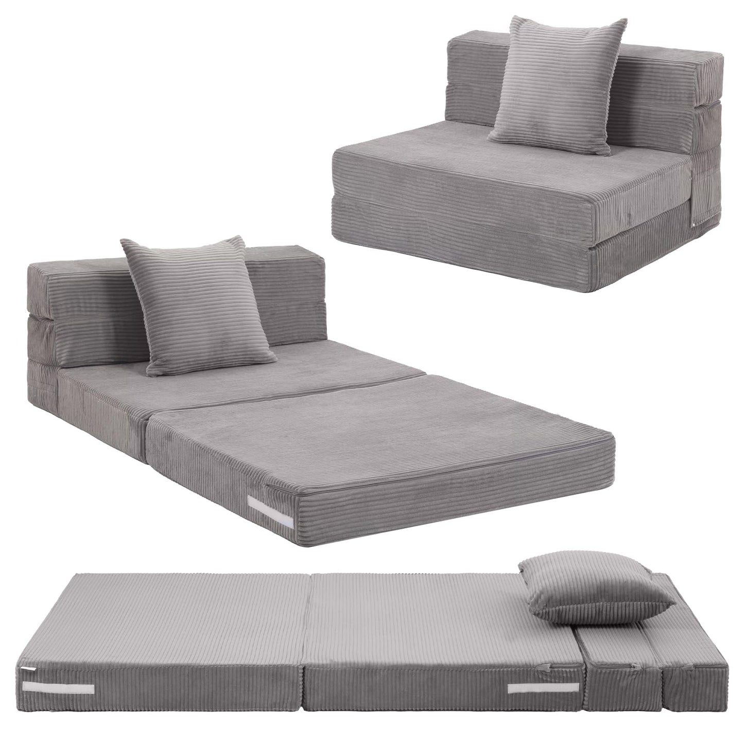 MeMoreCool Folding Mattress Single, Corduroy Fold Out Sofa Bed, Grey
