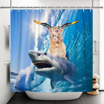 SDOTPMT 180x180cm Funny Cute Cat Shark Shower Curtain Blue Ocean Wave Bathtub Curtian Summer Cartoon Painting Bath Curtain for Kids Bathroom Decor