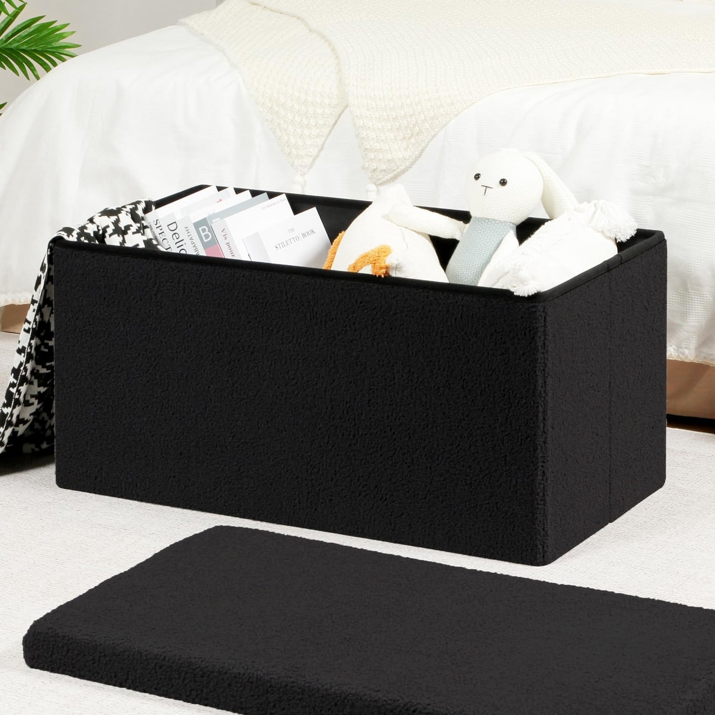 Bonlife Ottoman Bench,Large Toy Storage Box with Lid,Folding Footstool with Storage for Living Room,Hallway,Boucle Fabric,Black,80x40x40cm