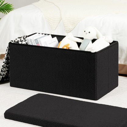 Bonlife Ottoman Bench,Large Toy Storage Box with Lid,Folding Footstool with Storage for Living Room,Hallway,Boucle Fabric,Black,80x40x40cm