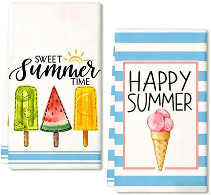 Riewy 2 Pack Absorbent Tea Towels, 40 x 60 cm 100% Microfibre Dish Cloth Towel in Sweet Summer Time Blue White Striped Prints