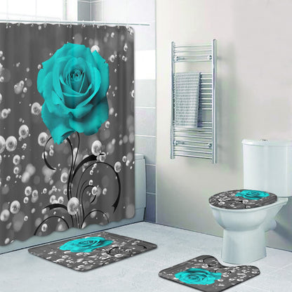 4 Piece Shower Curtain with Bath Rugs Bathroom Sets, Rustic Blue Rose Flower with Butterfly Bathtub Accessory Kit -- Carpet ,U Shape Mat and Toilet