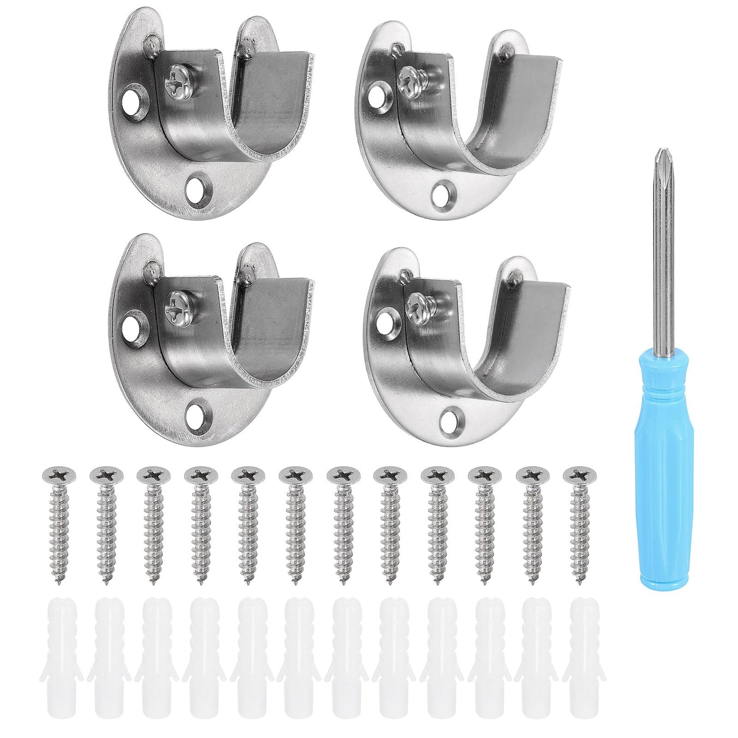 sourcing map 4pcs Stainless Steel Closet Rod Holder Set U-Shaped 0.79" Dia Shower Rod Flange Socket Wardrobe Bracket with Screwdriver and Expansion