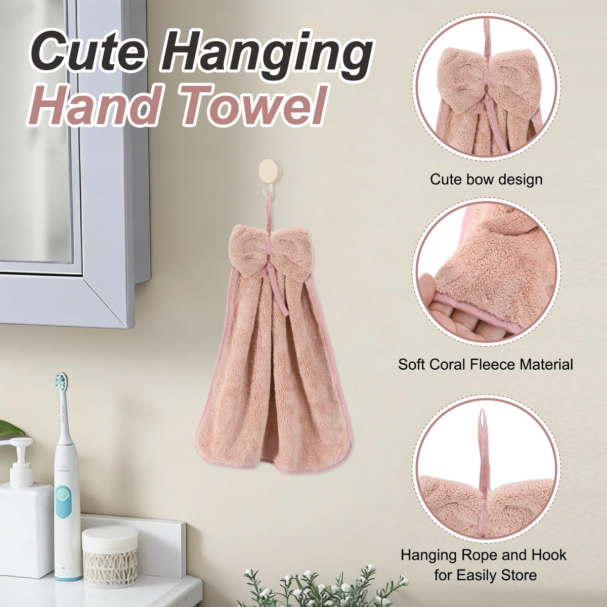 sourcing map 2Pcs Bow Hand Towels with Hanging Loop, 14.2" x 12.2" Soft Coral Fleece Microfiber Bowknot Hanging Hand Dry Towels Quick Dry and