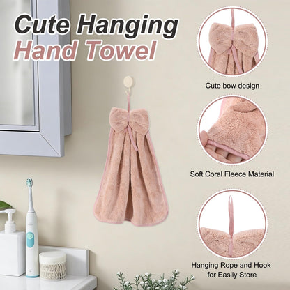 sourcing map 2Pcs Bow Hand Towels with Hanging Loop, 14.2" x 12.2" Soft Coral Fleece Microfiber Bowknot Hanging Hand Dry Towels Quick Dry and