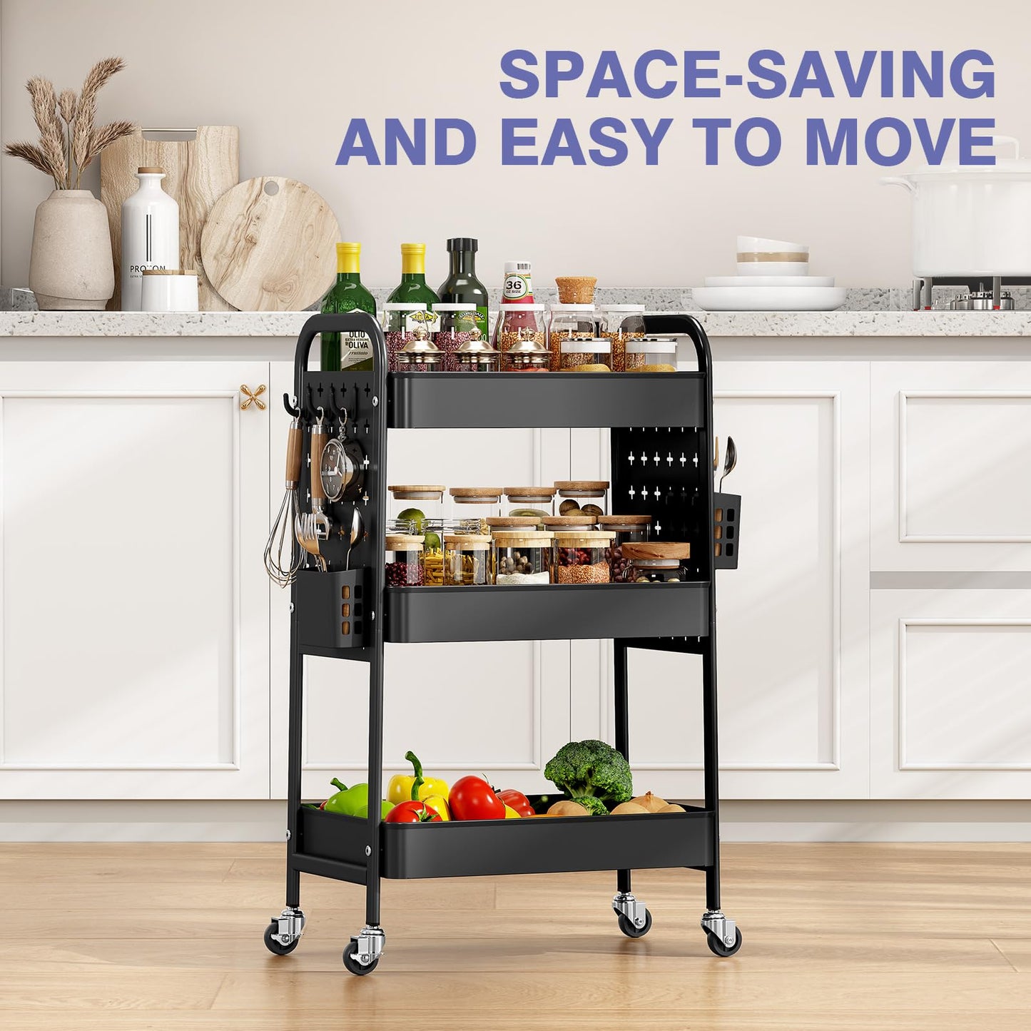 KINGRACK 3-Tier Rolling Cart with DIY Hanging Board, Metal Utility Cart with Wheels, Handles, Baskets & Hooks, Storage Organizer for Bathroom