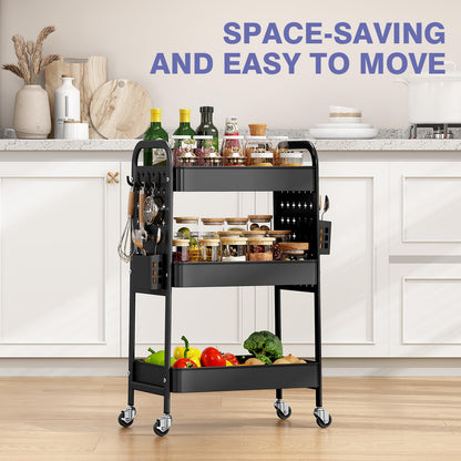 KINGRACK 3-Tier Rolling Cart with DIY Hanging Board, Metal Utility Cart with Wheels, Handles, Baskets & Hooks, Storage Organizer for Bathroom