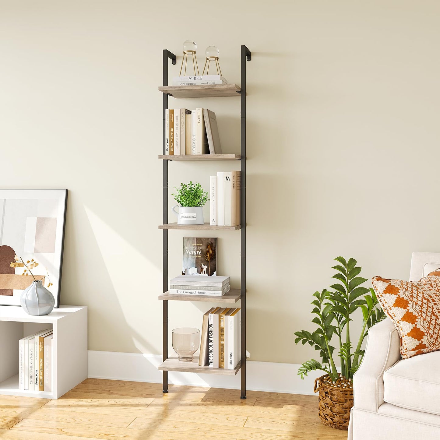 ELYKEN Slim Leaning Ladder Shelf Wall Mounted Wooden Narrow Shelf Unit
