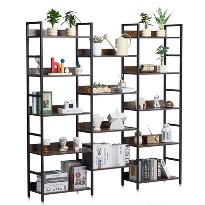 VEVOR Triple Metal Bookshelf, 14-Tier Industrial Bookshelf, Large Rustic Vintage Storage Bookcase with Open Shelves