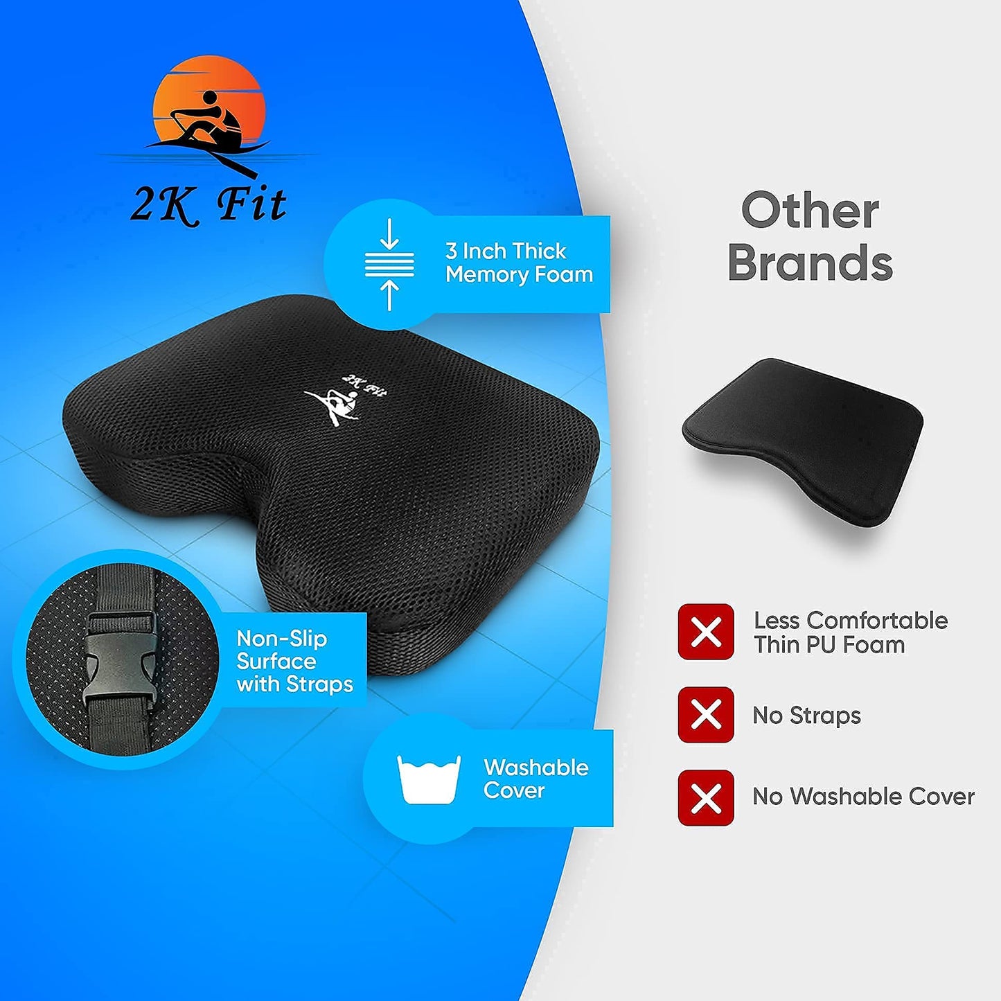 Rowing Machine Seat Cushion (Model 2) That Perfectly fits Concept 2 with Thicker Memory Foam, Washable Cover, and Straps- Also Works Great with