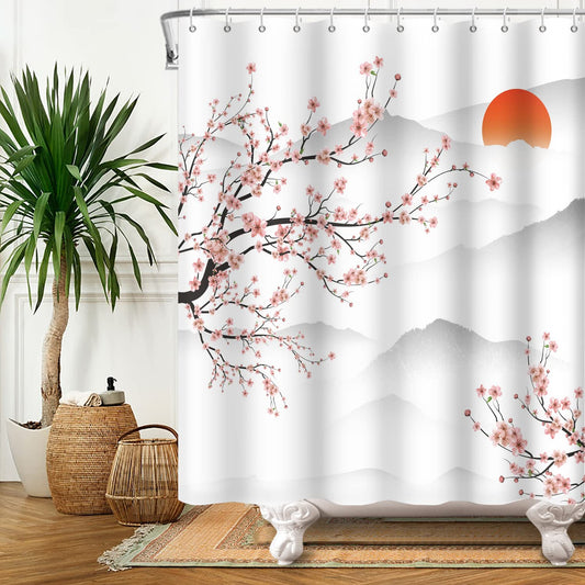 SDOTPMT 165x180cm Asian Cherry Blossom Shower Curtain Japanese Mount Fuji Peach Blossom Branch Bathtub Curtain Sunrise Mist Bathroom curtain for