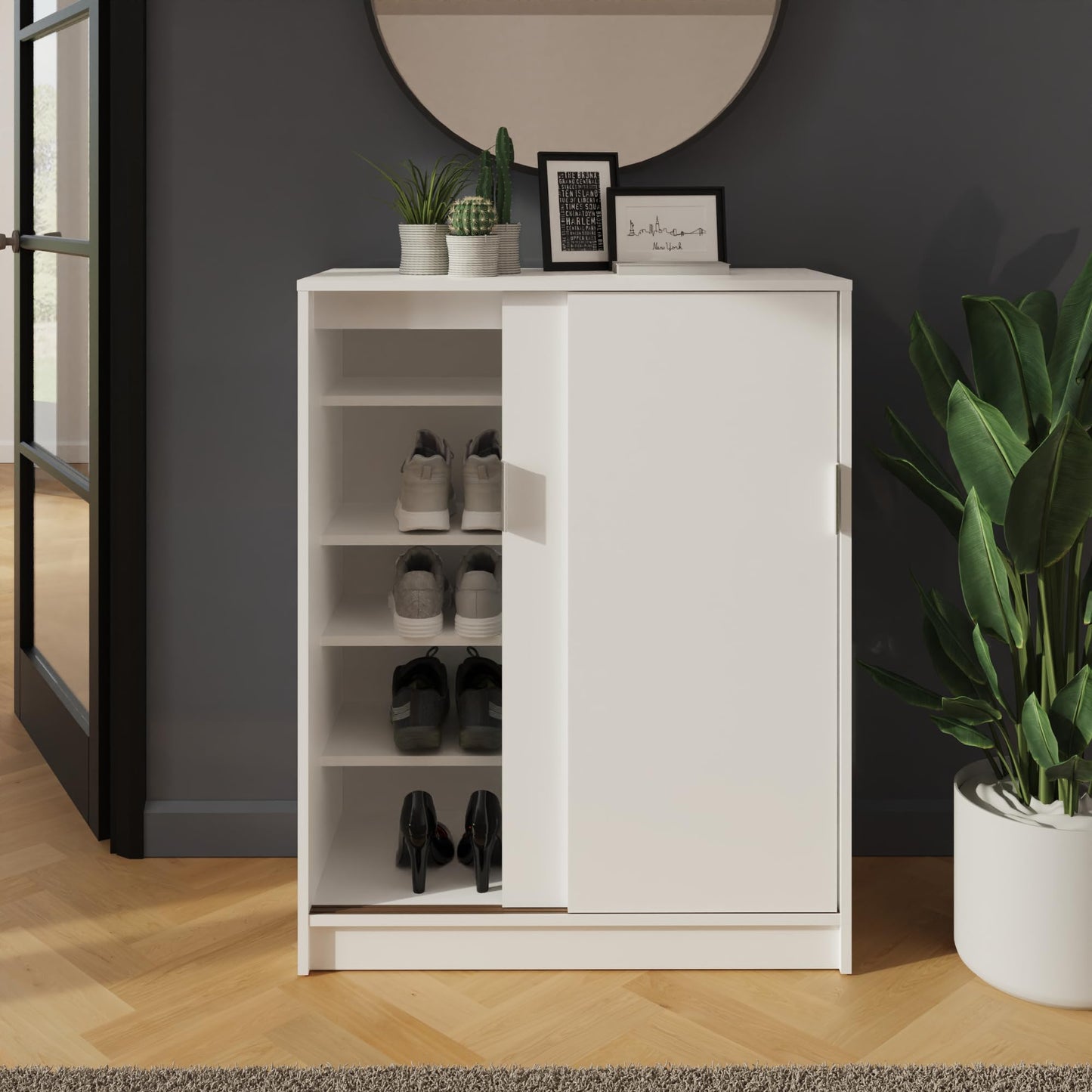 GFW Leighton Sliding Door Shoe Cabinet, Slim White Hallway Shoe Storage Unit for 18–22 Pairs