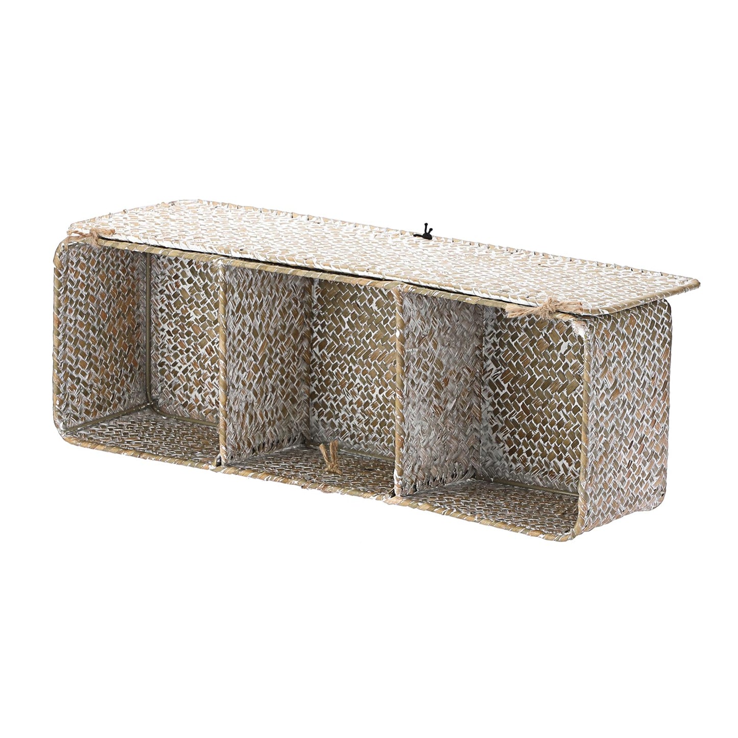 IGNPION 3-Compartment Seagrass Storage Basket with Lid Woven Seagrass Desktop Basket Bathroom Storage Organiser Box