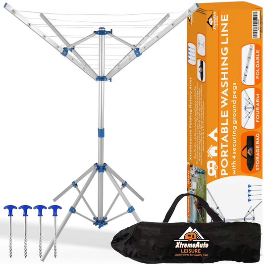 Xtremeauto Aluminium Rotary Washing Line Airers, Clothes Airer Outdoor, Portable, Foldable & Freestanding 4 Arm For Indoor & Outdoor Dryer Caravan,