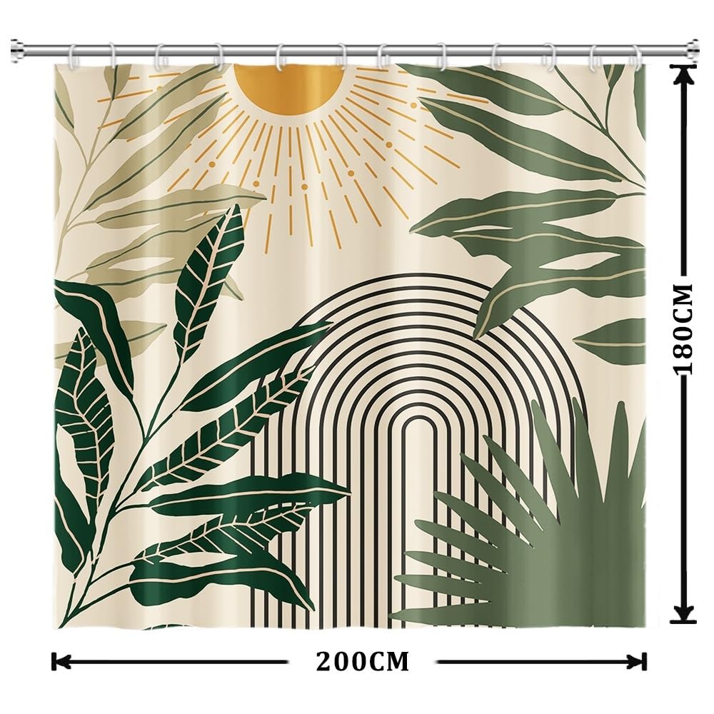 Xiaoterna Mid Century Boho Beige Shower Curtain Abstract Neutral Color Green Leaves Arch Lines Sun Waterproof Bathroom Curtains Minimalist Aesthetic