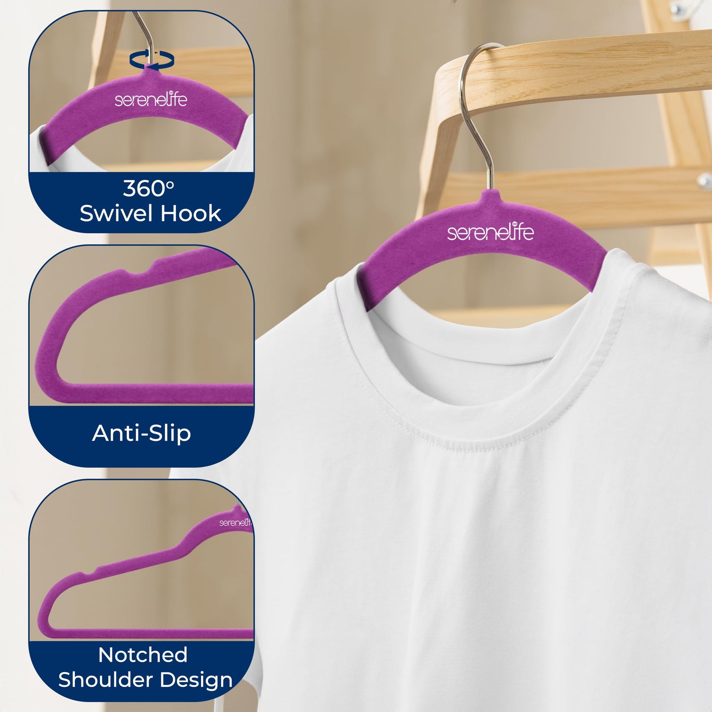 SereneLife Velvet Hangers, Purple, 30-Pack - Non-Slip Adult Coat Hangers