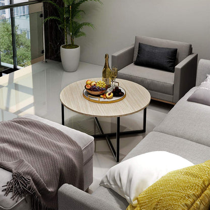 BOFENG Round Coffee Table Tea Table Round Coffee Table for Living Room with Metal Legs, Black+White oak