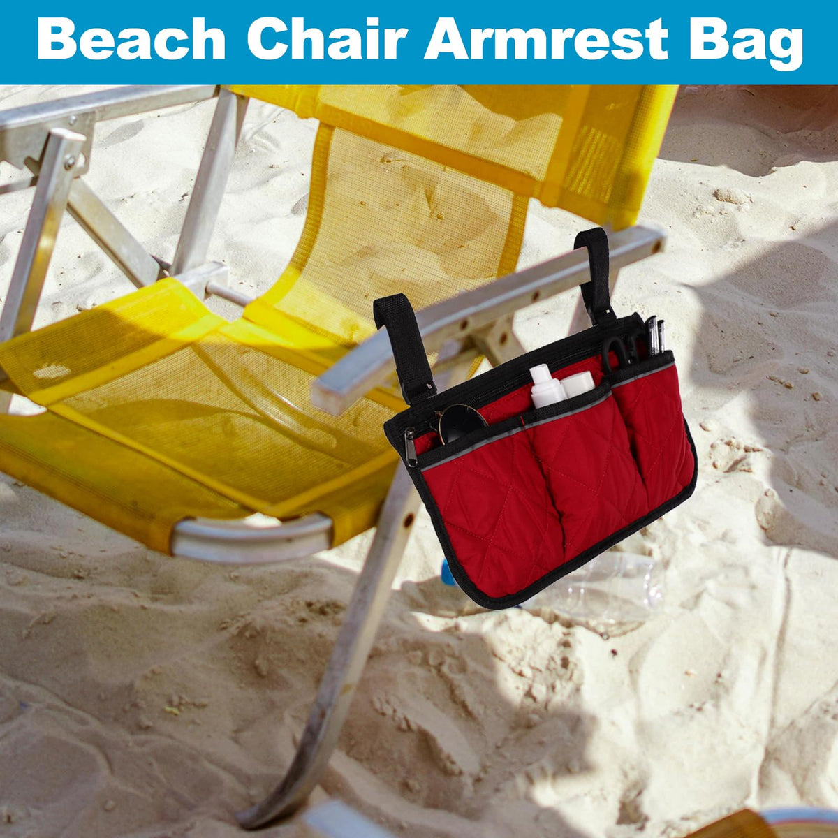 YELARXI Beach Chair Armrest Bag, Beach Side Bag Hanging Storage Organizer with Reflective 4 Pockets Waterproof Pouch 13 x 7" & 2Pcs & Black/Red