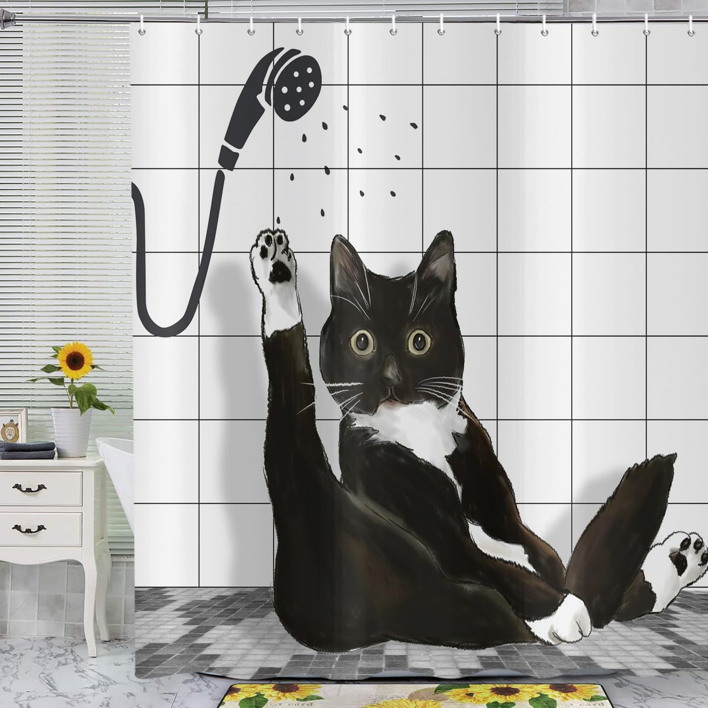 ASDCXZ Funny Cat Shower Curtain 180x200 cm, Cute Cartoon Black Kitten Kids Bathroom Hilarious Waterproof Bath Curtain Polyester Textile Washable