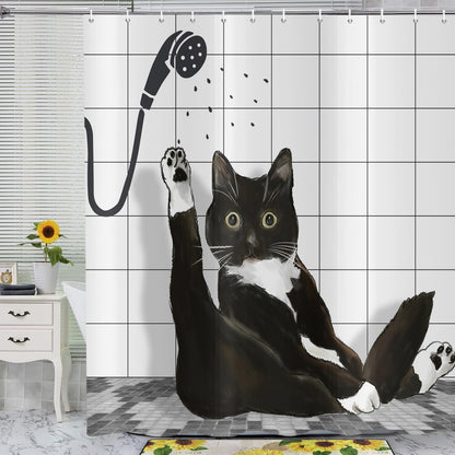 ASDCXZ Funny Cat Shower Curtain 180x200 cm, Cute Cartoon Black Kitten Kids Bathroom Hilarious Waterproof Bath Curtain Polyester Textile Washable