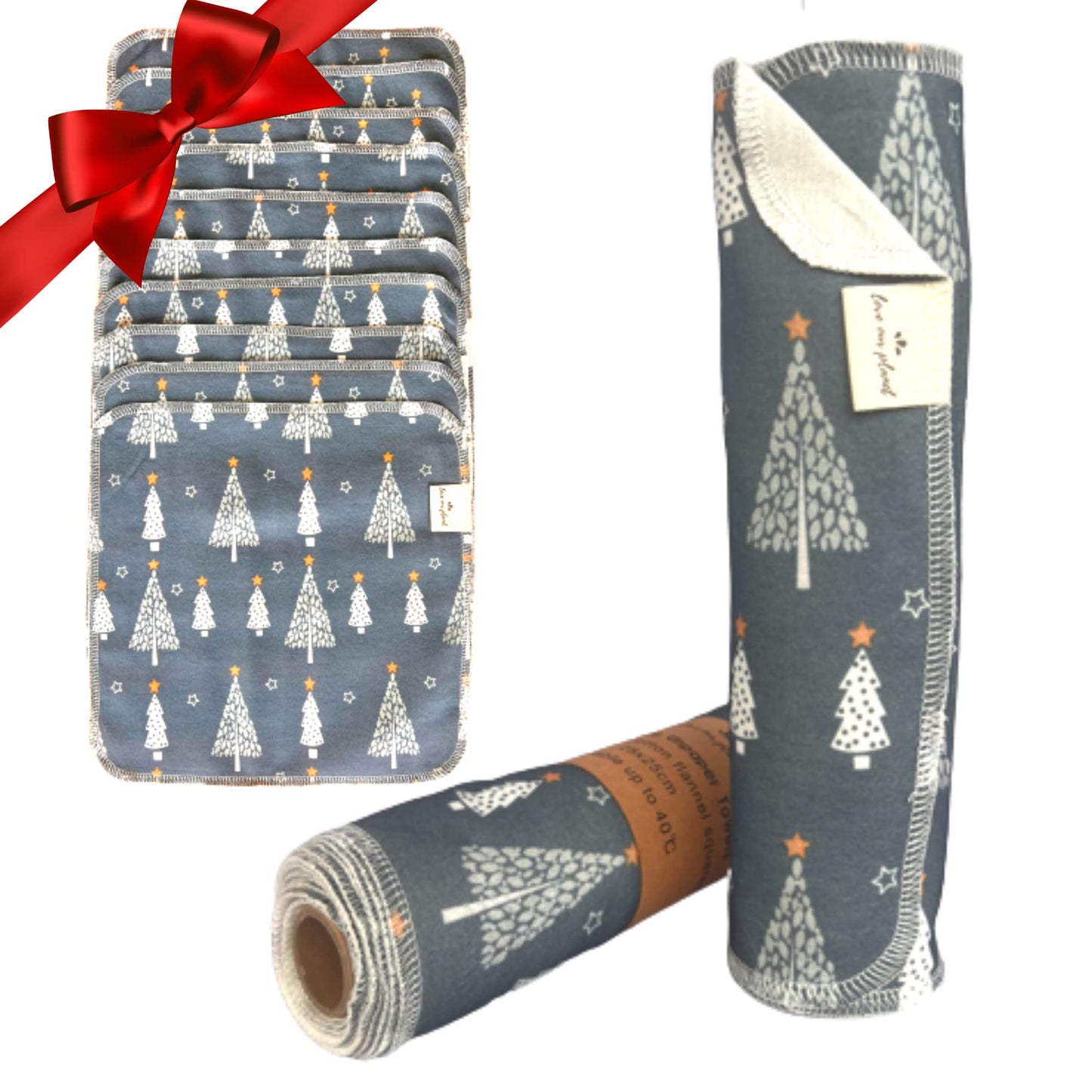 Love Our Planet 1Ply 10 Christmas Reusable Unpaper Towels with Paper Roll, Eco Friendly, Natural Cleaning Cloths, Washable Kitchen Paperless Roll