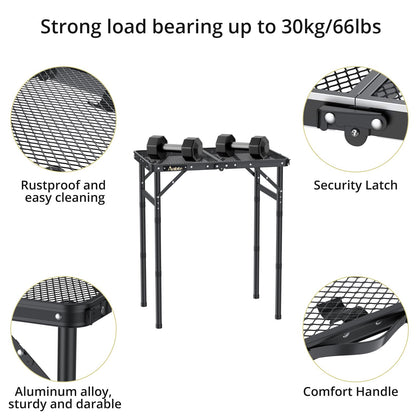 Anbte Folding Grill Table, 3 Adjustable Heights Aluminum Camping Table with Heat-Resistant Mesh Desktop, Lightweight outdoor Table, Portable Handle