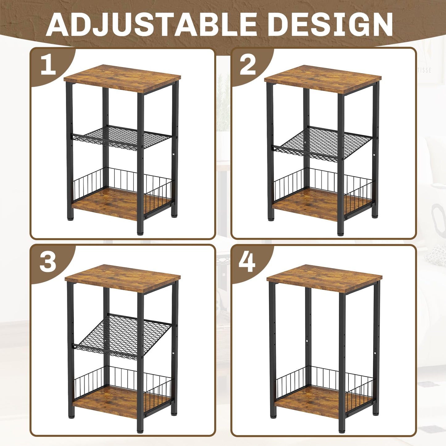 iDavosic.ly 3-Tier Side Table Living Room, Small Bedside Table Nightstand, Industrial Coffee End Table Storage Organizer for Bedroom Office, Rustic