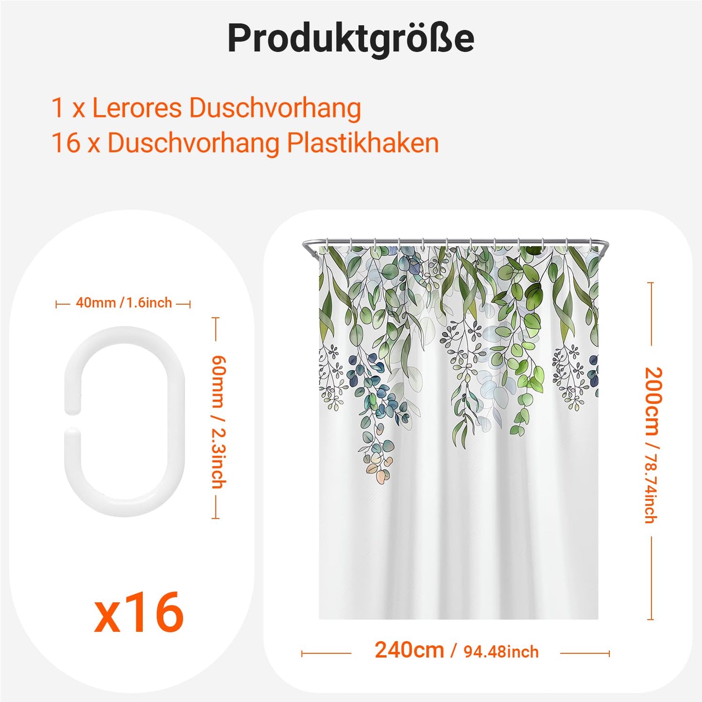 Lerores Shower Curtain 240 x 200 cm, Green Leaves Anti-Mould Textile, Weighted Hem, Water-Repellent