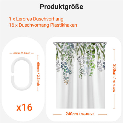 Lerores Shower Curtain 240 x 200 cm, Green Leaves Anti-Mould Textile, Weighted Hem, Water-Repellent
