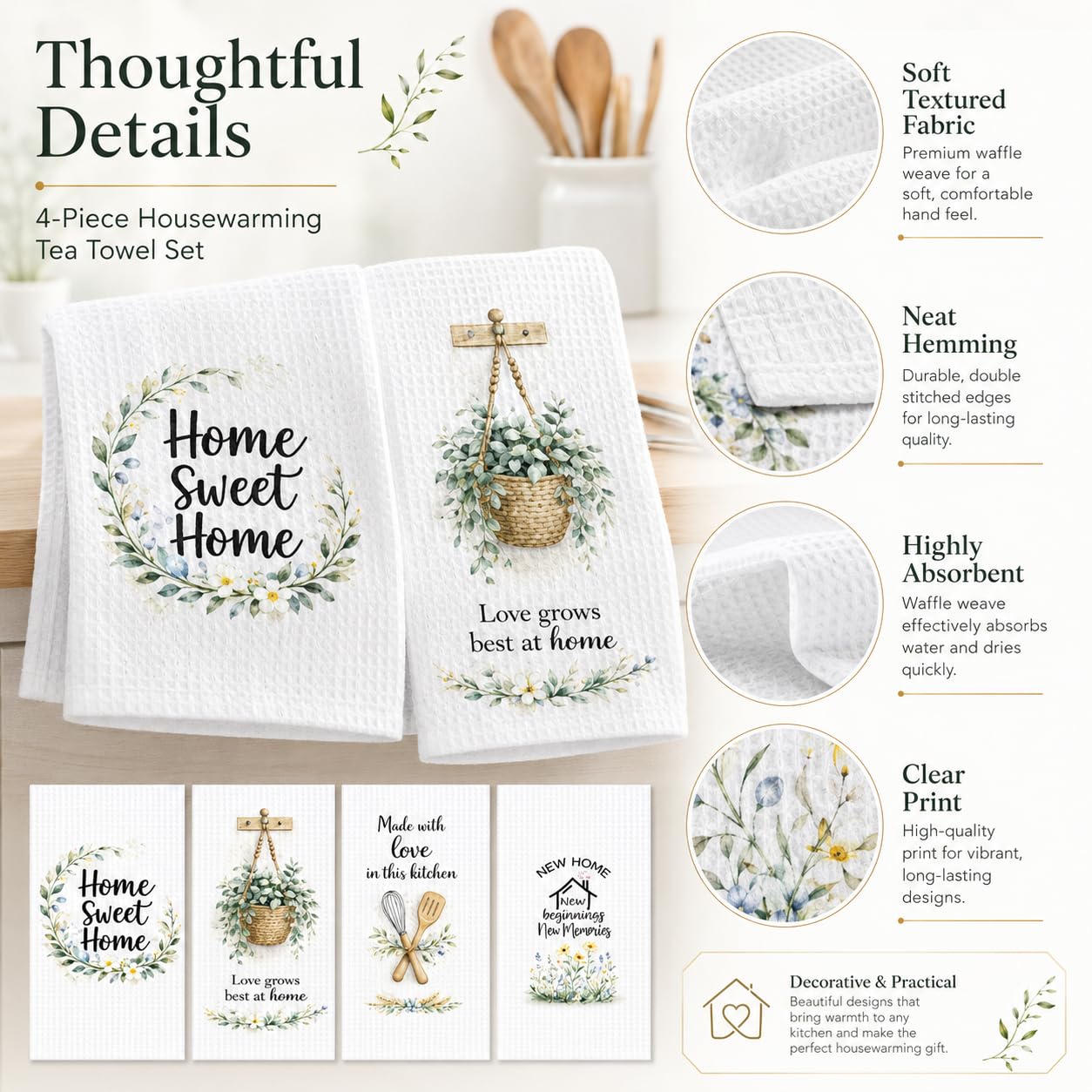 PUQGAOIP New Home Gifts, 4 Pack 40x60cm Waffle Tea Towels, Watercolour Printed House Warming Gifts New Home