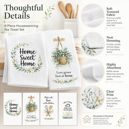 PUQGAOIP New Home Gifts, 4 Pack 40x60cm Waffle Tea Towels, Watercolour Printed House Warming Gifts New Home