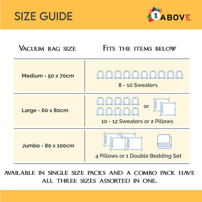 1ABOVE Pack of 6 Vacuum Compressed Storage Bags, Mould Moisture and Bug Proof, Double Zip High Sealing Triple Air Leak Patent Valve for Maximum