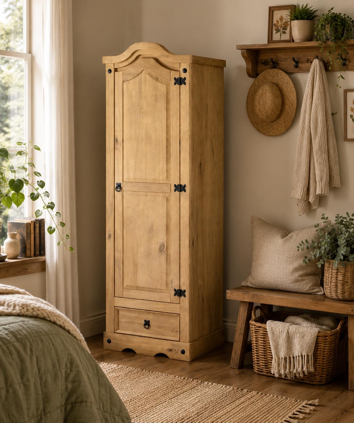 Corona Wardrobe 1 Door 1 Drawer Arch Top Solid Mexican Pine Wood Bedroom Storage 176cm x 55cm x 45cm