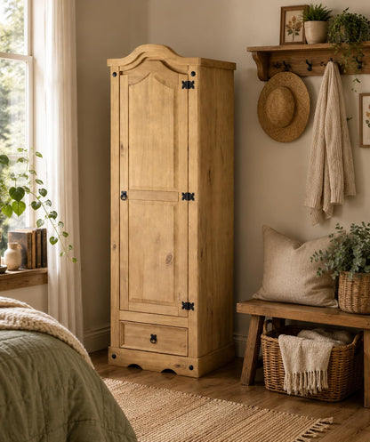 Corona Wardrobe 1 Door 1 Drawer Arch Top Solid Mexican Pine Wood Bedroom Storage 176cm x 55cm x 45cm