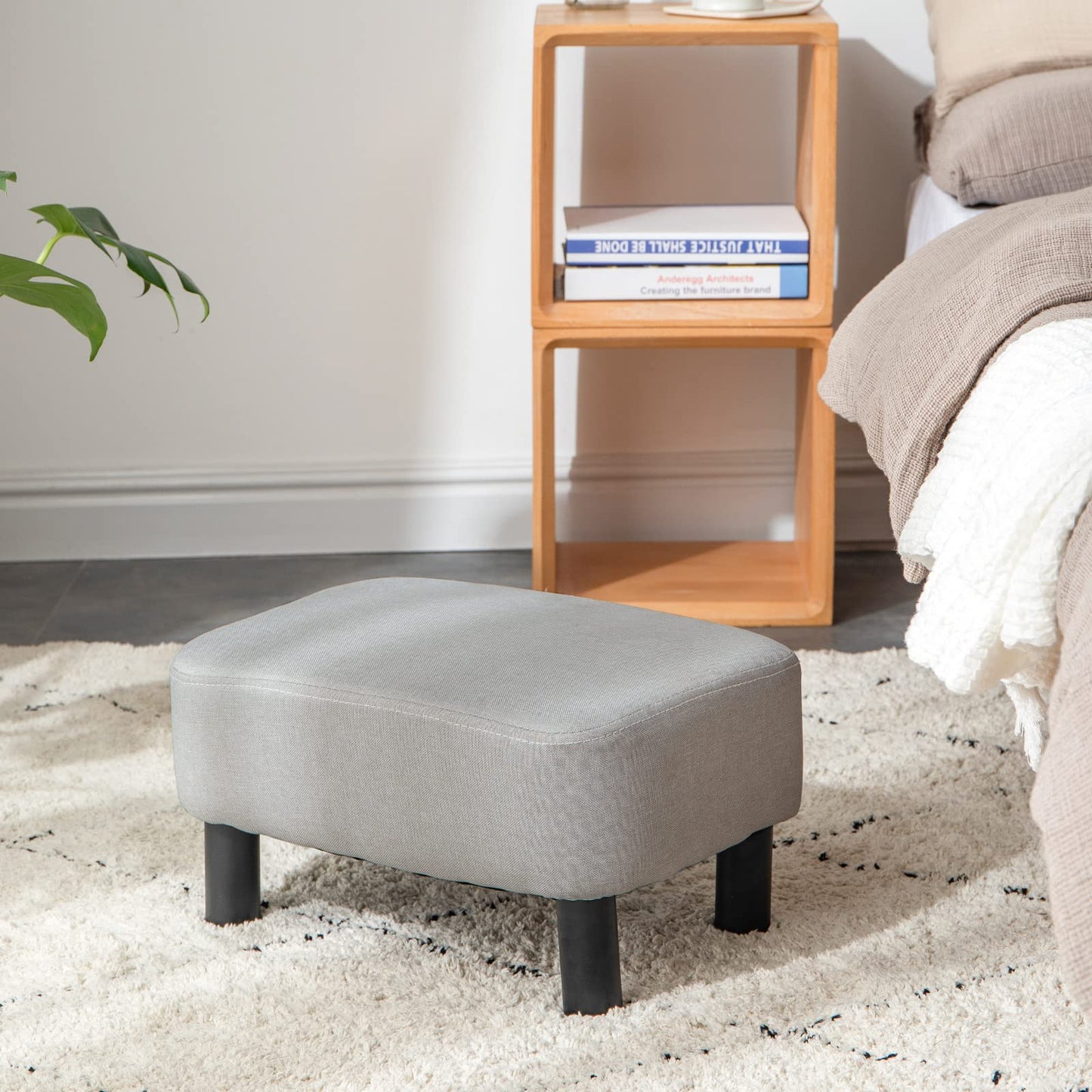 IBUYKE 16.54" Small Footstool Linen Fabric Pouf Ottoman Footrest Modern Home Living Room Bedroom Rectangular Stool, with Padded Seat Pine Wood Legs