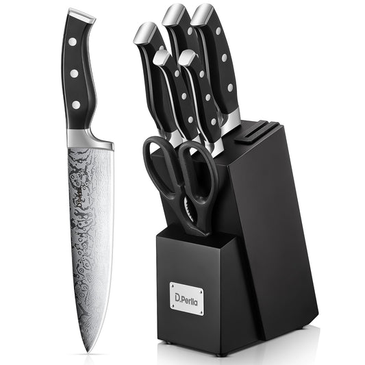 D.Perlla Knife Set, 7 Pieces Kitchen Knife Set with Self Sharpening Wooden Block, German Stainless Steel Knife Block Set with Triple Riveted Ergonomic