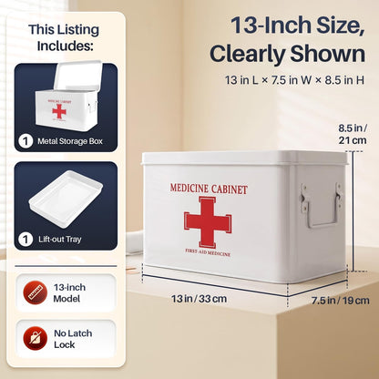 Flexzion First Aid Box Organizer - 13" White Vintage Metal Medical Kit Tin With Dividers, Removable Tray and Red Cross Logo - Empty Storage Container