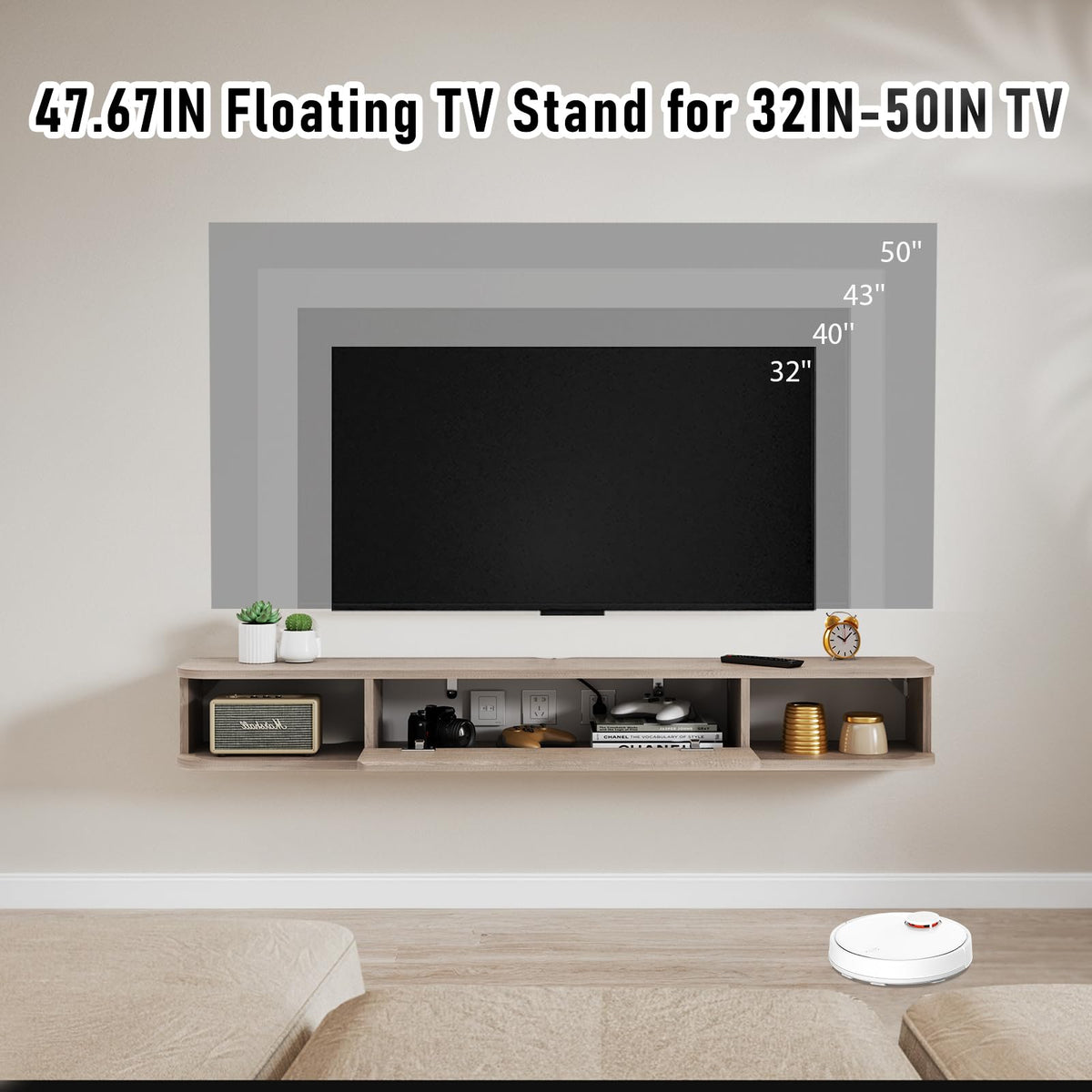 Pmnianhua Floating TV Shelf, Wall Mounted TV Cabinet, Floating Shelves with Door, Modern Entertainment Media Console Center Large Storage Under TV