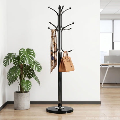 Kertnic Metal Coat Rack Stand with Natural Marble Base, Free Standing Hall Tree with 12 Hooks for Hanging Scarf, Bag, Jacket