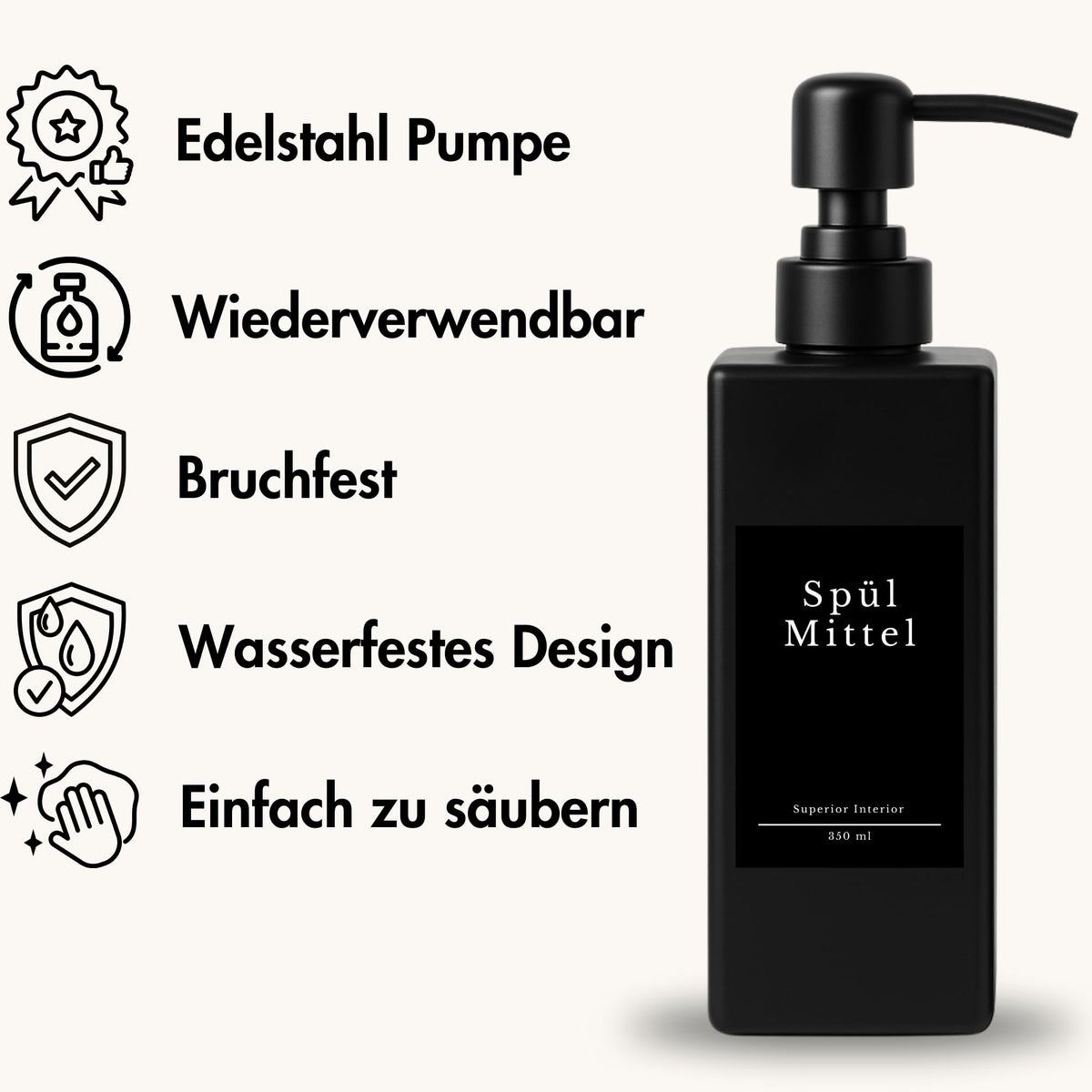 Soap Dispenser Glass Black Matt Pack of 2, 350 ml with Stainless Steel Pump - Detergent Dispenser for Kitchen