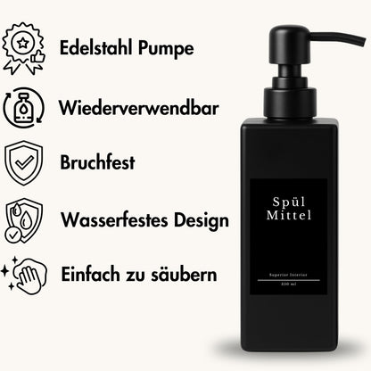Soap Dispenser Glass Black Matt Pack of 2, 350 ml with Stainless Steel Pump - Detergent Dispenser for Kitchen