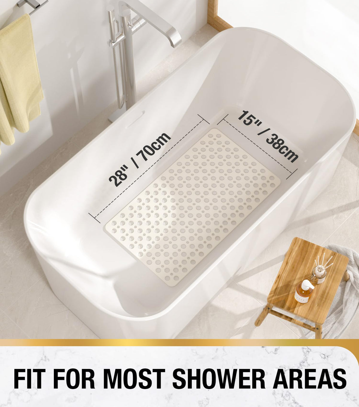HITSLAM Bath Mat Non Slip Anti Mould, 70 x 38cm TPE Shower Mat for Bathtub & Shower, Machine Washable with Large Drain Holes and Strong Suction Cups
