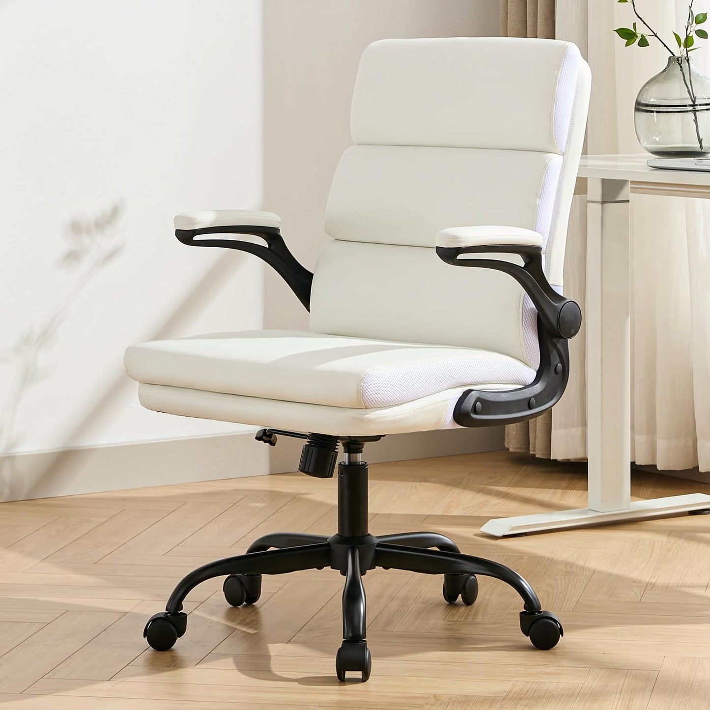 LukkDys Executive Office Chair with Flip-Up Armrests, 3-Stage Lumbar Support, Ergonomic Mid Back PU Leather Swivel Chair