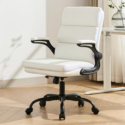LukkDys Executive Office Chair with Flip-Up Armrests, 3-Stage Lumbar Support, Ergonomic Mid Back PU Leather Swivel Chair